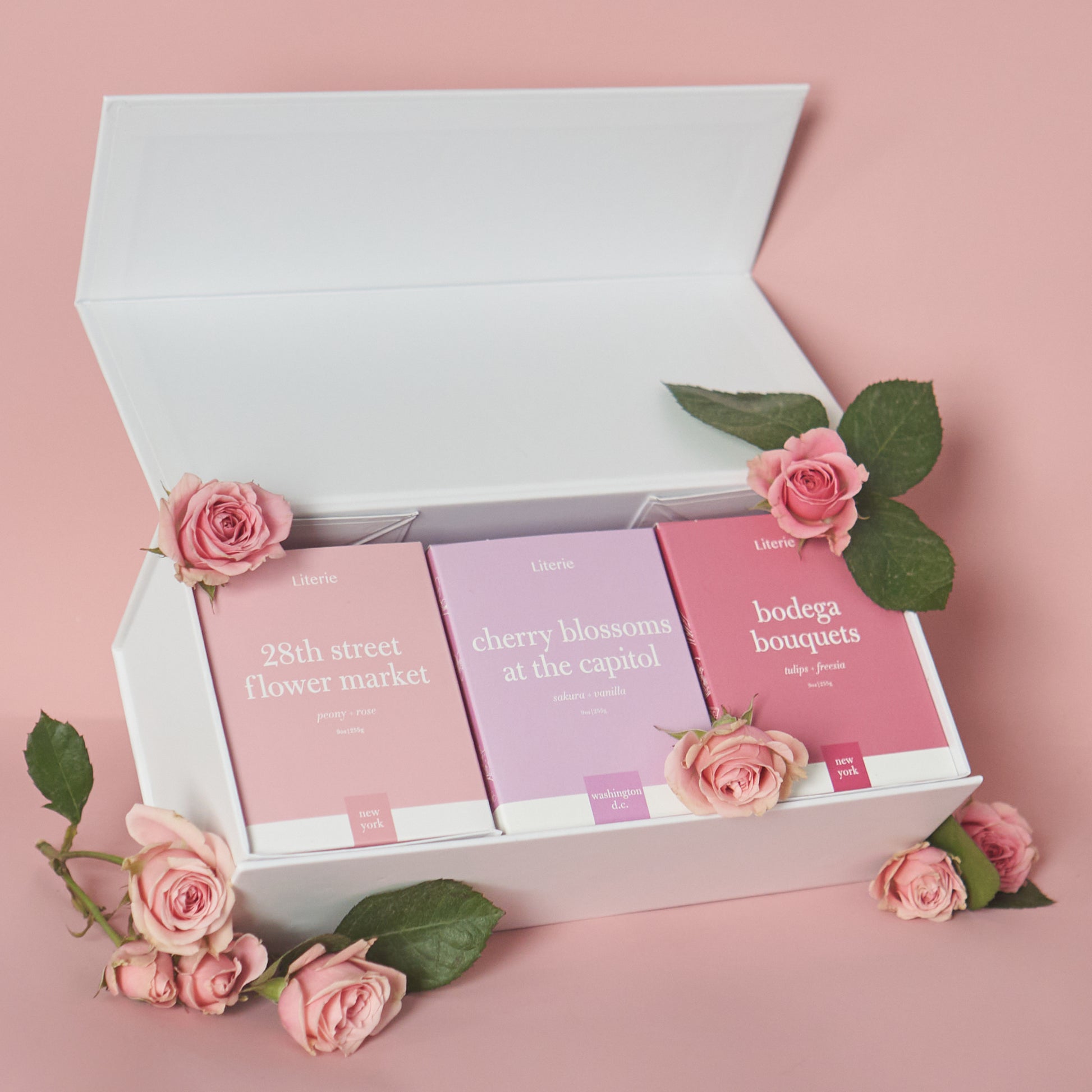 28th street flower market, cherry blossoms at the capitol, bodega bouquets candles in a gift box with flowers.