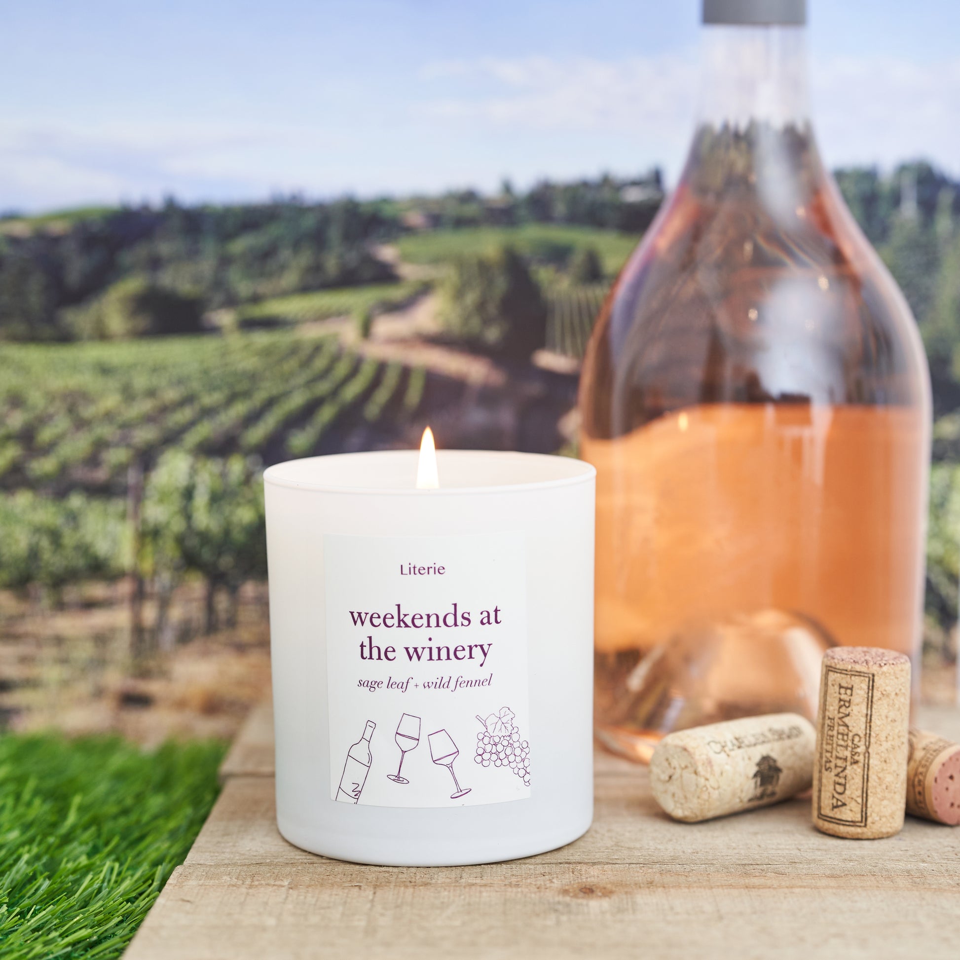 weekends at the winery candle with rose.