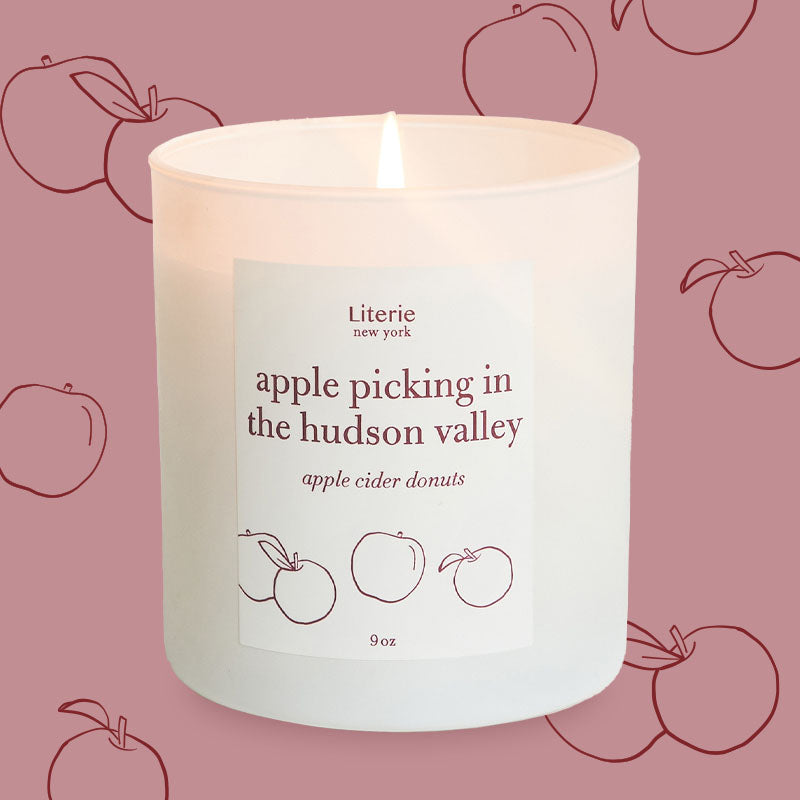 apple picking candle with illustration.