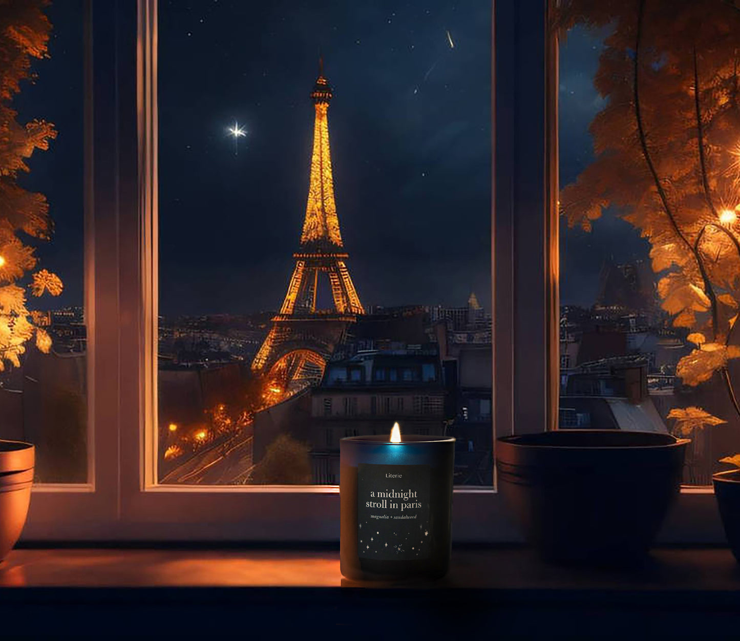 A midnight stroll in paris candle next to the Eiffel Tower.