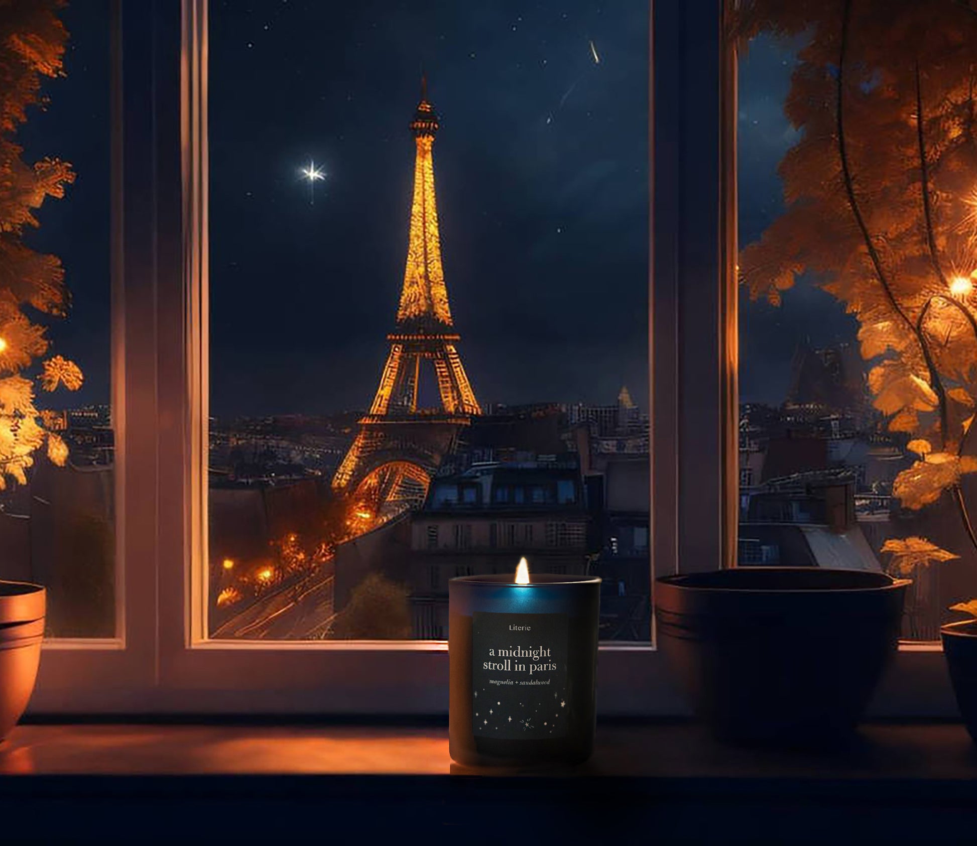 A midnight stroll in paris candle next to the Eiffel Tower.