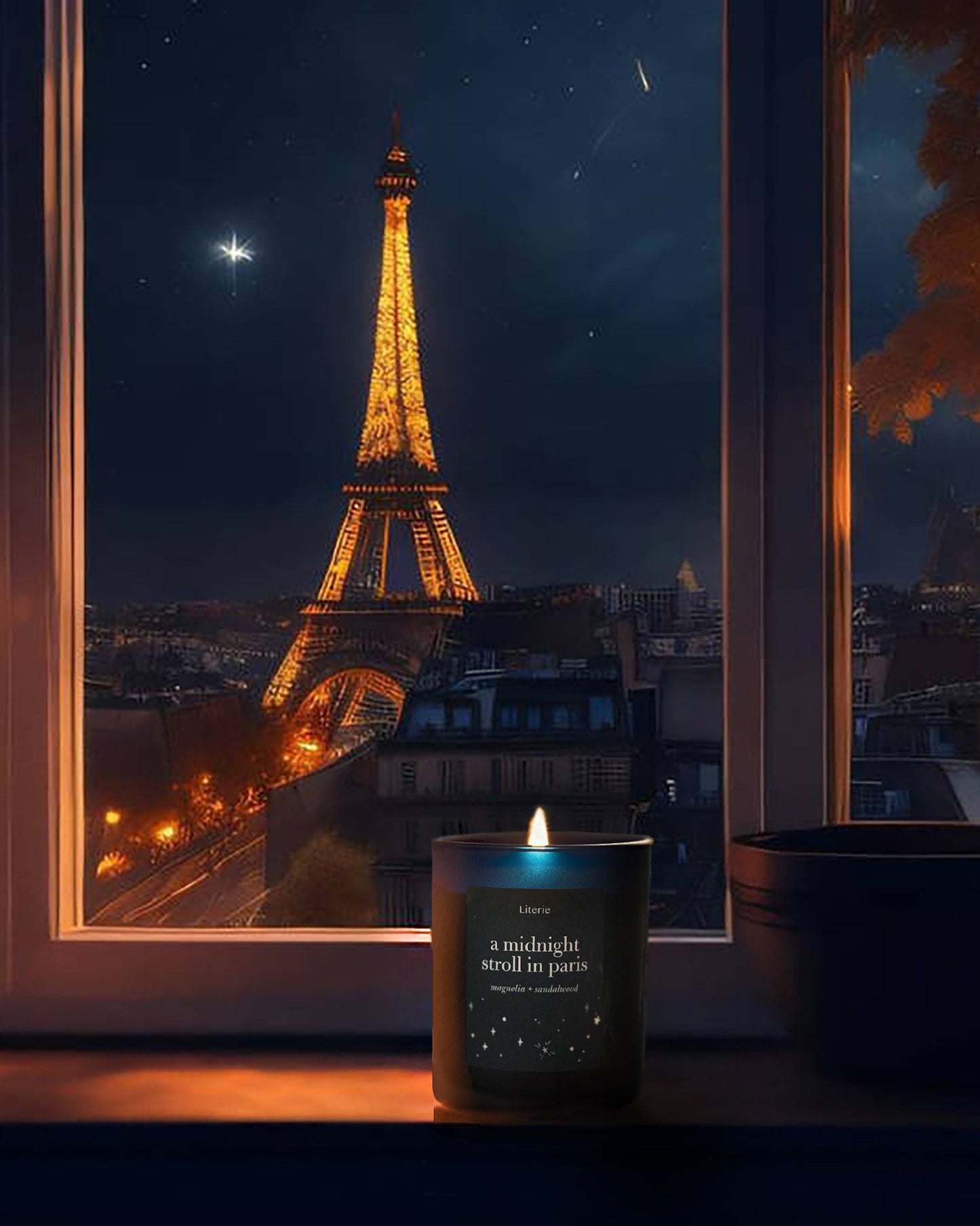 A midnight stroll in paris candle next to the Eiffel Tower.