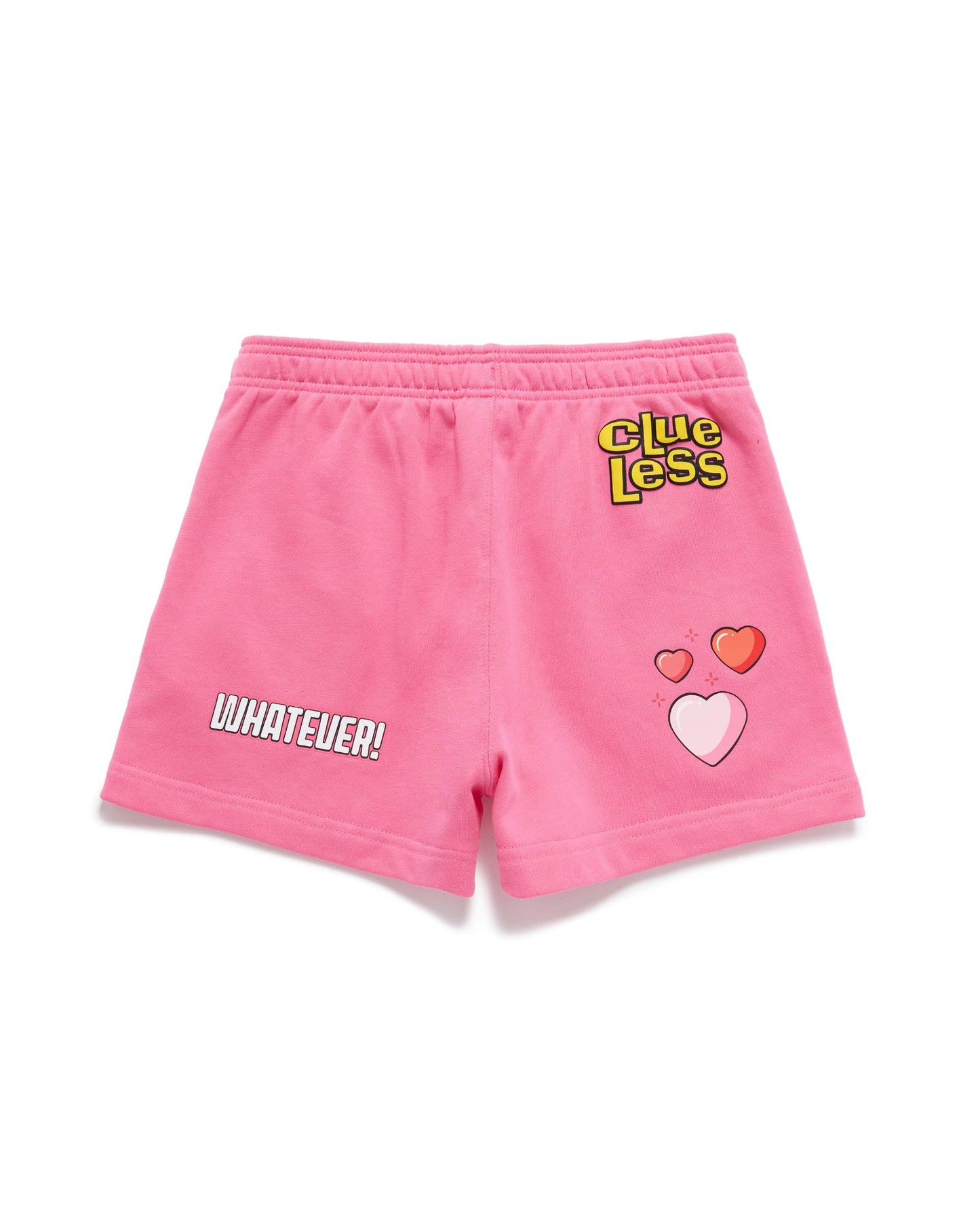 Pink shorts with text and graphics on a white background