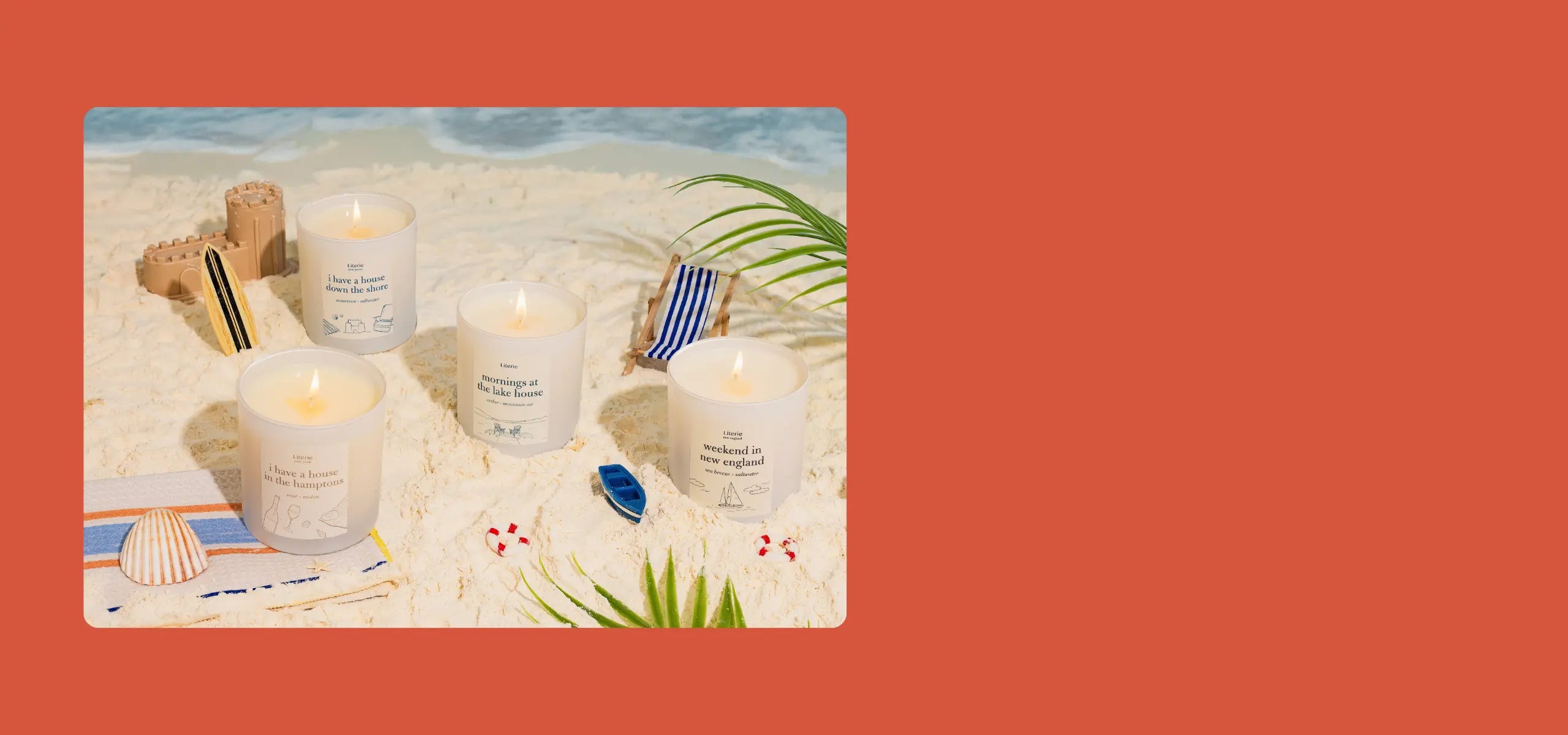 Labor Day Sale banner with 4 Literie candles on the beach.