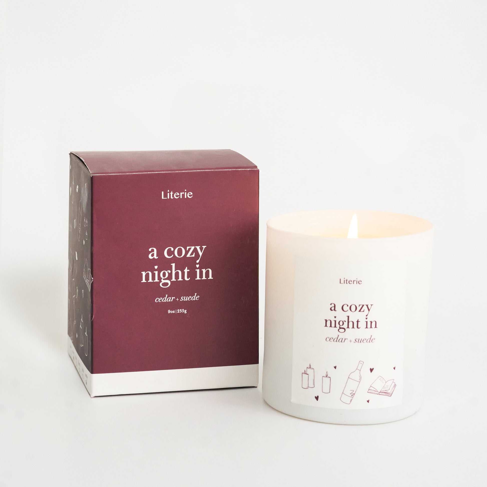 a cozy night in candle packaging