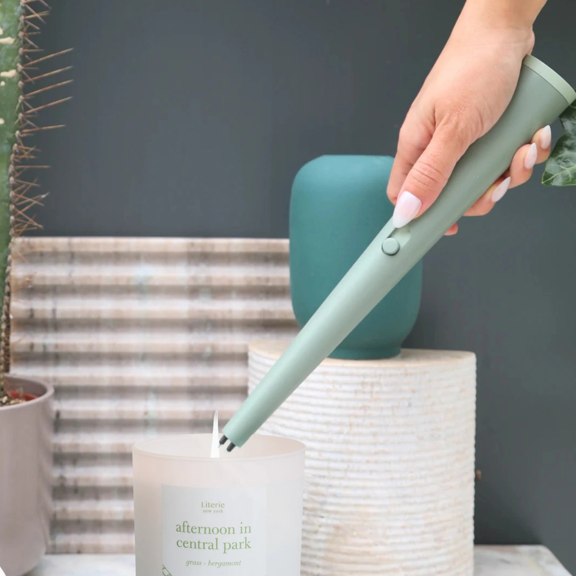 Hand holding a fume candle lighter near a Literie candle with a cactus in the background.