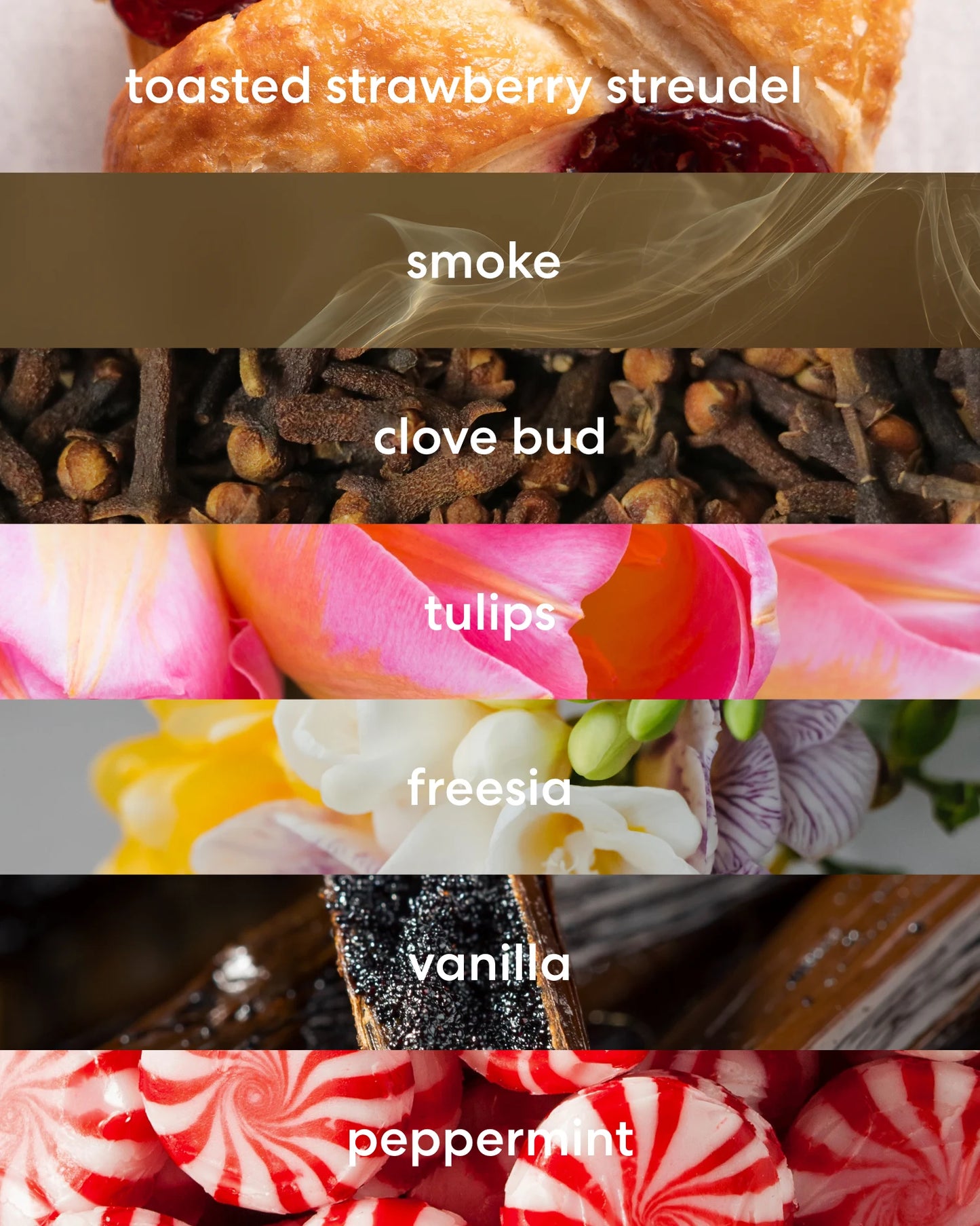 Toasted strawberry streudel, smoke, clovebud, tulips, freesia, vanilla, and peppermint scent notes.