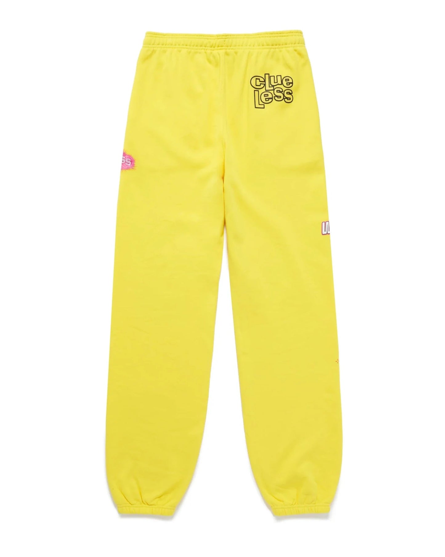 Yellow sweatpants with a brand logo on a white background