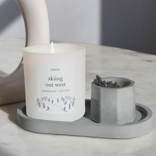 skiing out west candle with grey tray and grey matches gift set.