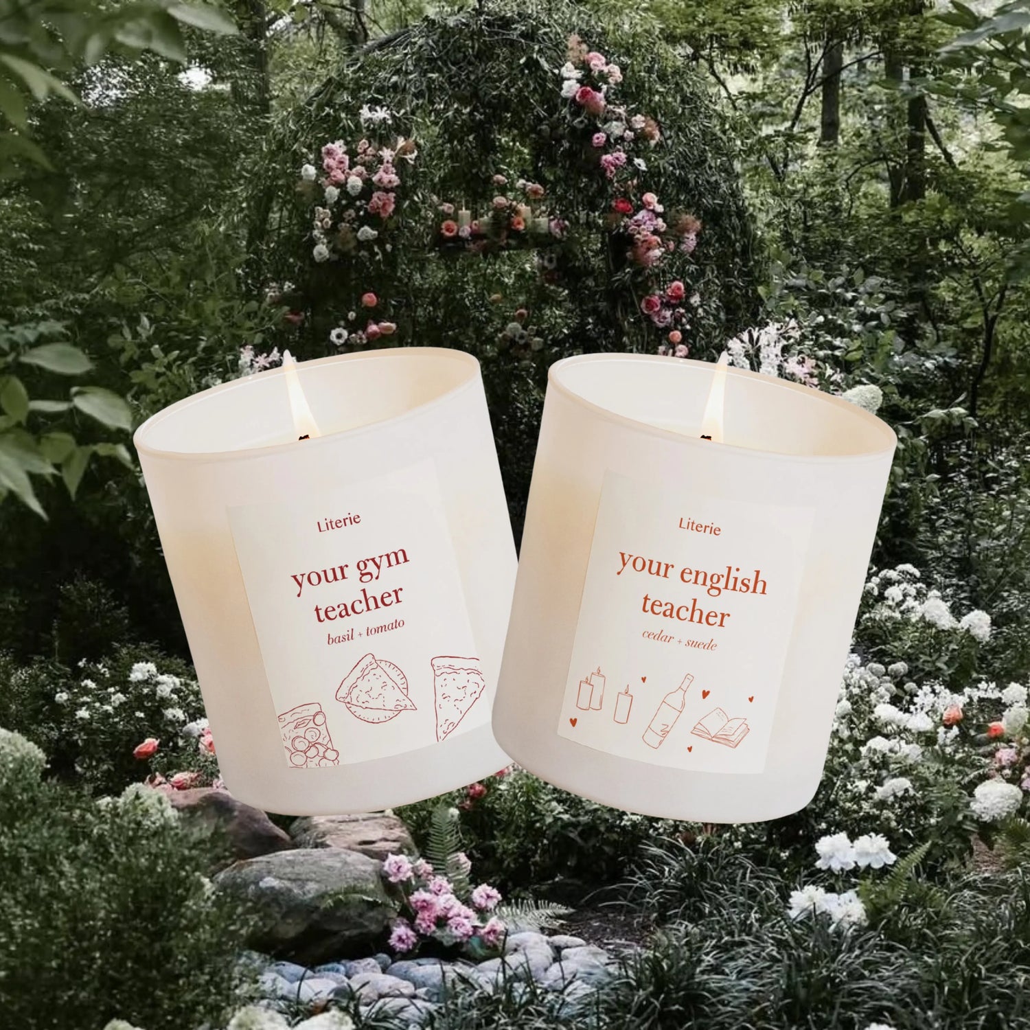 your gym teach and your english teacher candles on a floral background.