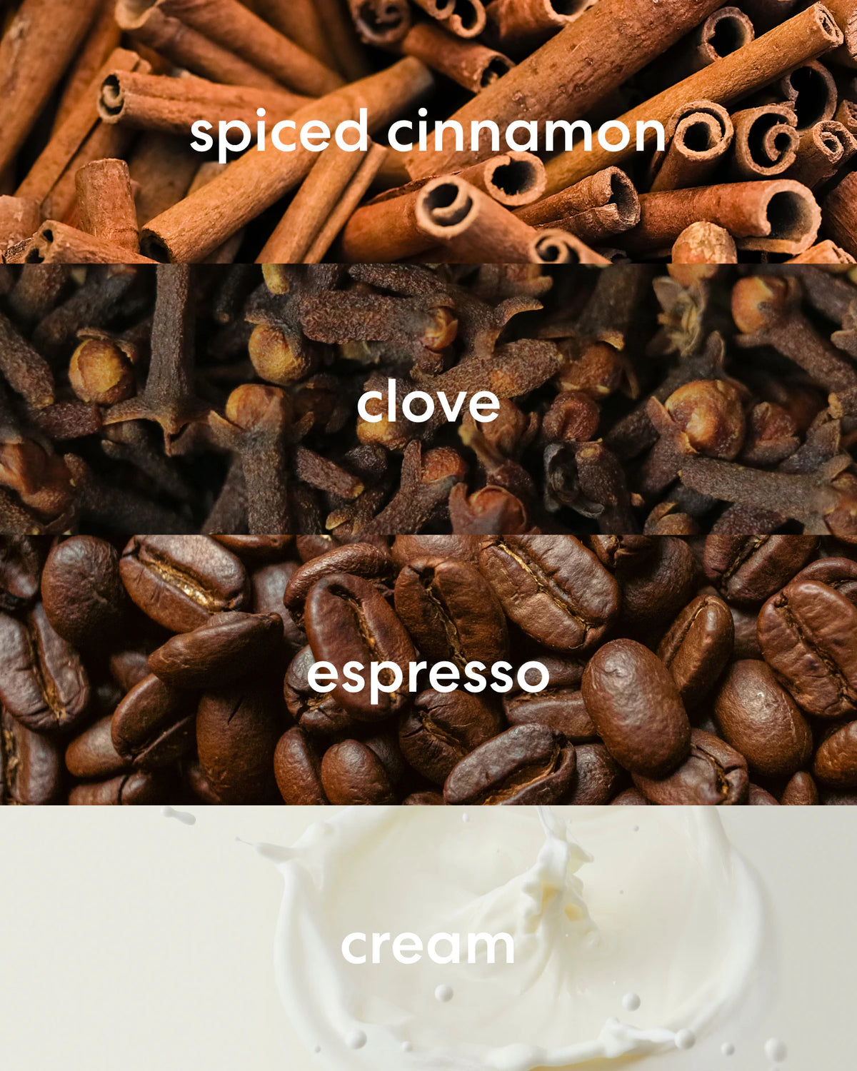 A close-up collage of coffee-spice ingredients labeled with text overlays: spiced cinnamon at the top, followed by cloves, espresso beans, and a splash of cream at the bottom.
