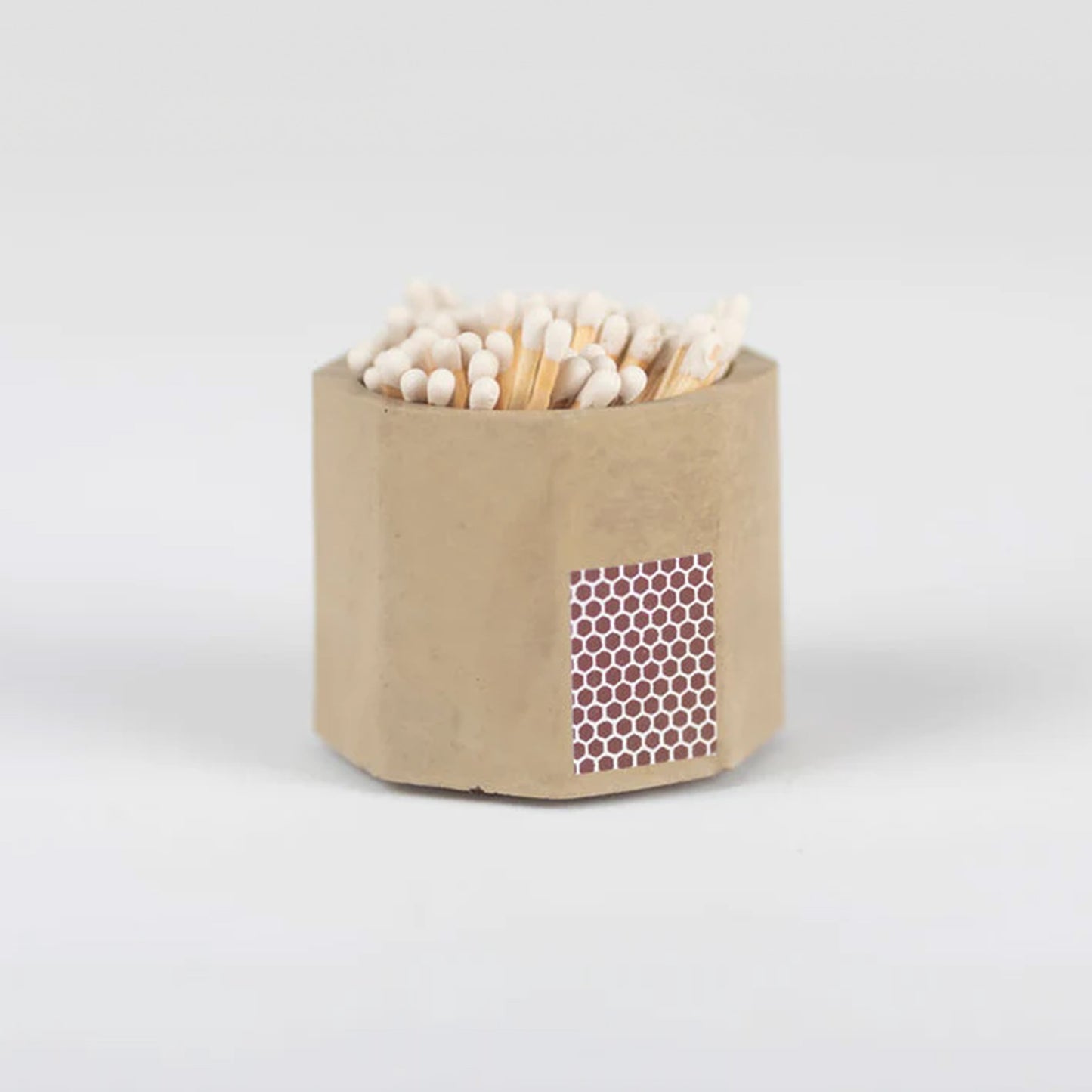Taupe match stick holder with white matches included.