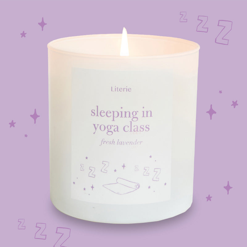sleeping in yoga class candle with illustration