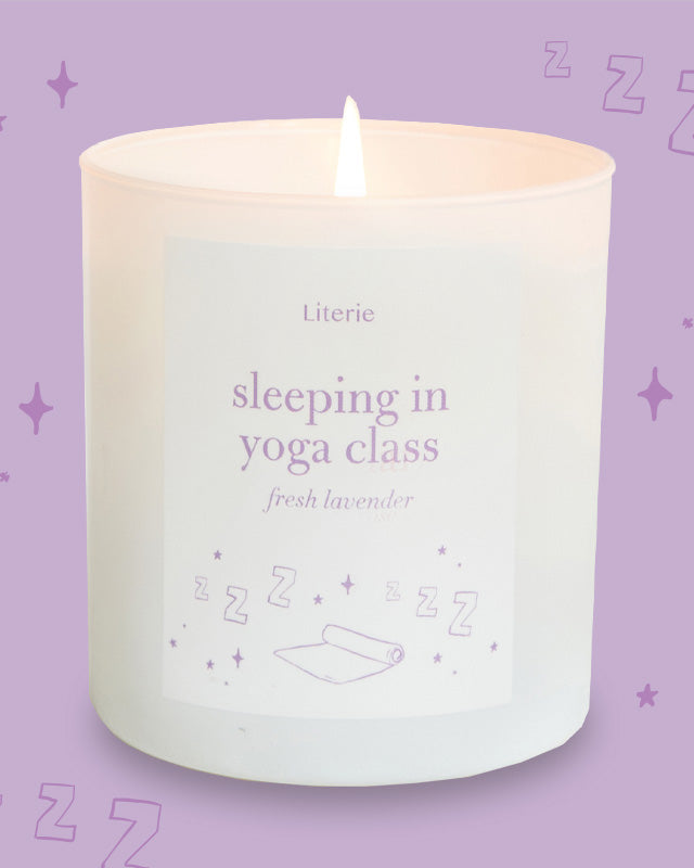 sleeping in yoga class candle with illustration