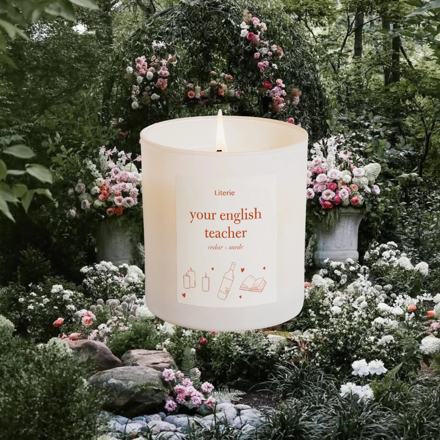 Candle that says your english teacher on it against a floral background.