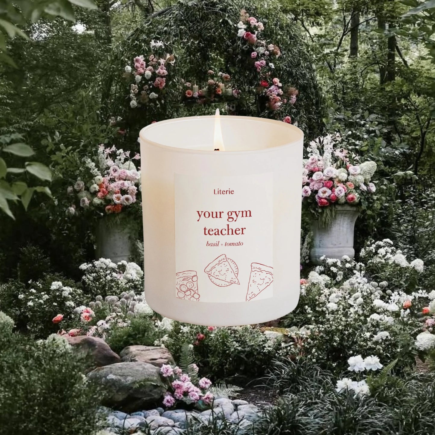 Candle that says "your gym teacher" on a floral background.