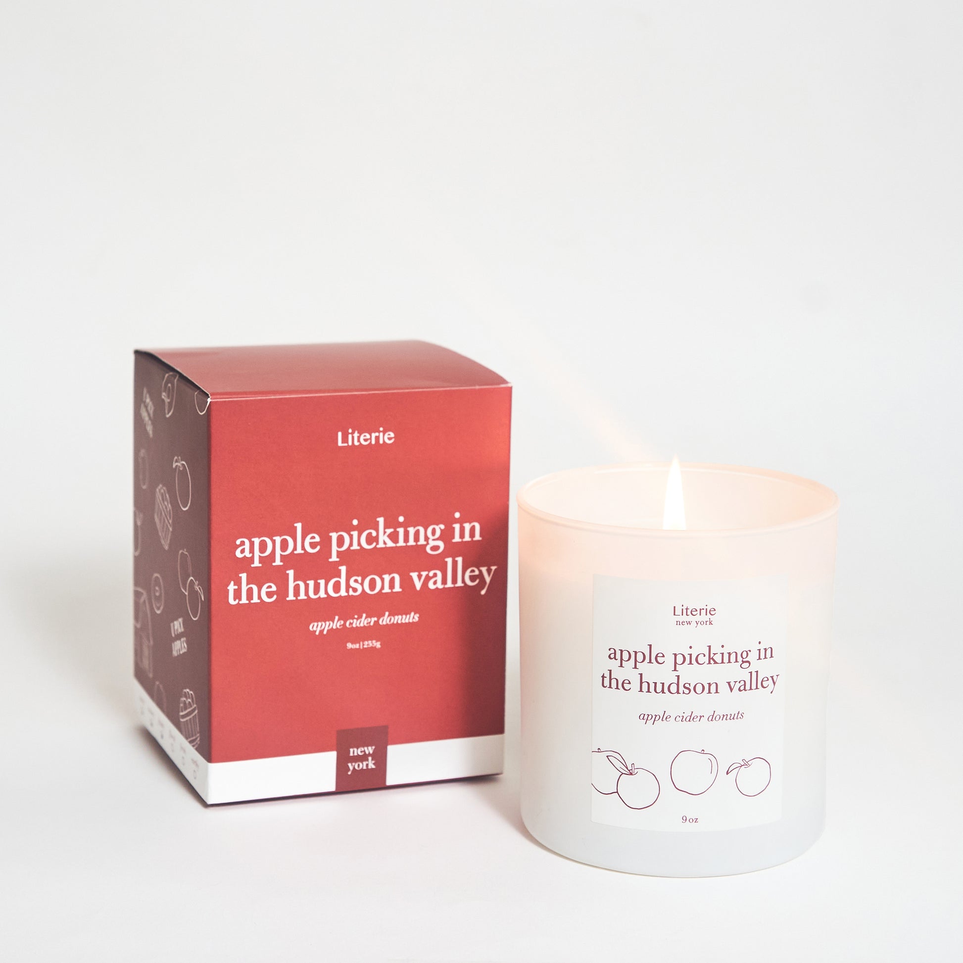 Apple picking in the hudson valley candle with box.