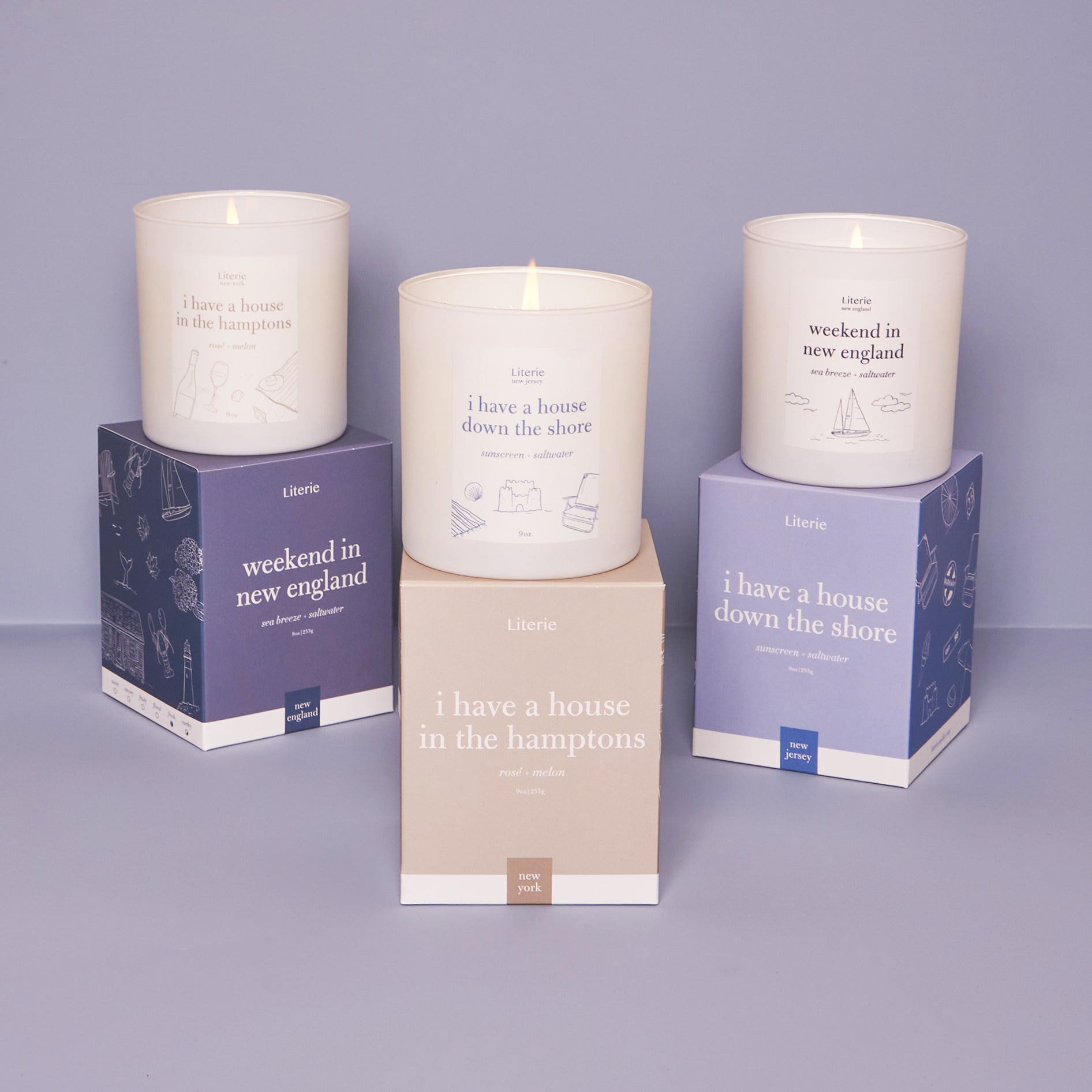 weekend in new england, i have a house in the hamptons, and i have a house down the shore candle set with boxes.