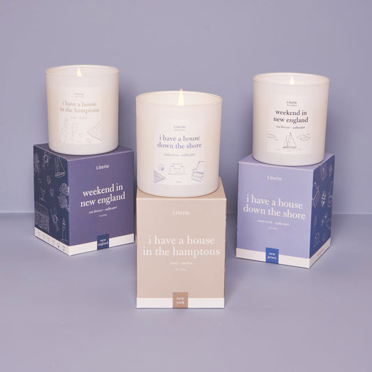 weekend in new england, i have a house in the hamptons, and i have a house down the shore candle set with boxes.