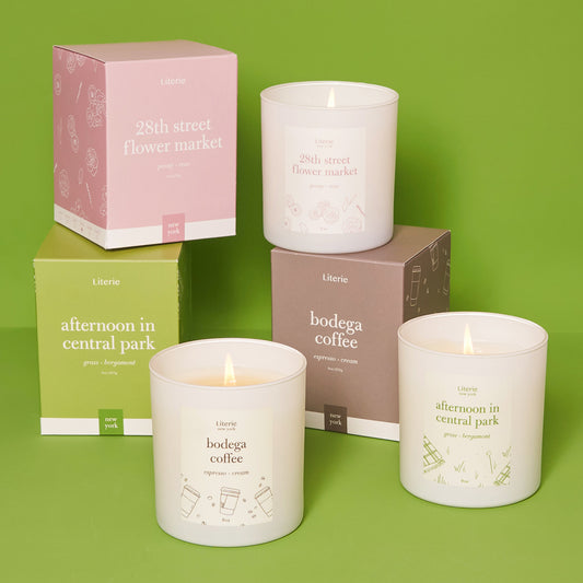 Founder's favorite trio with 3 best selling candles on a green background.