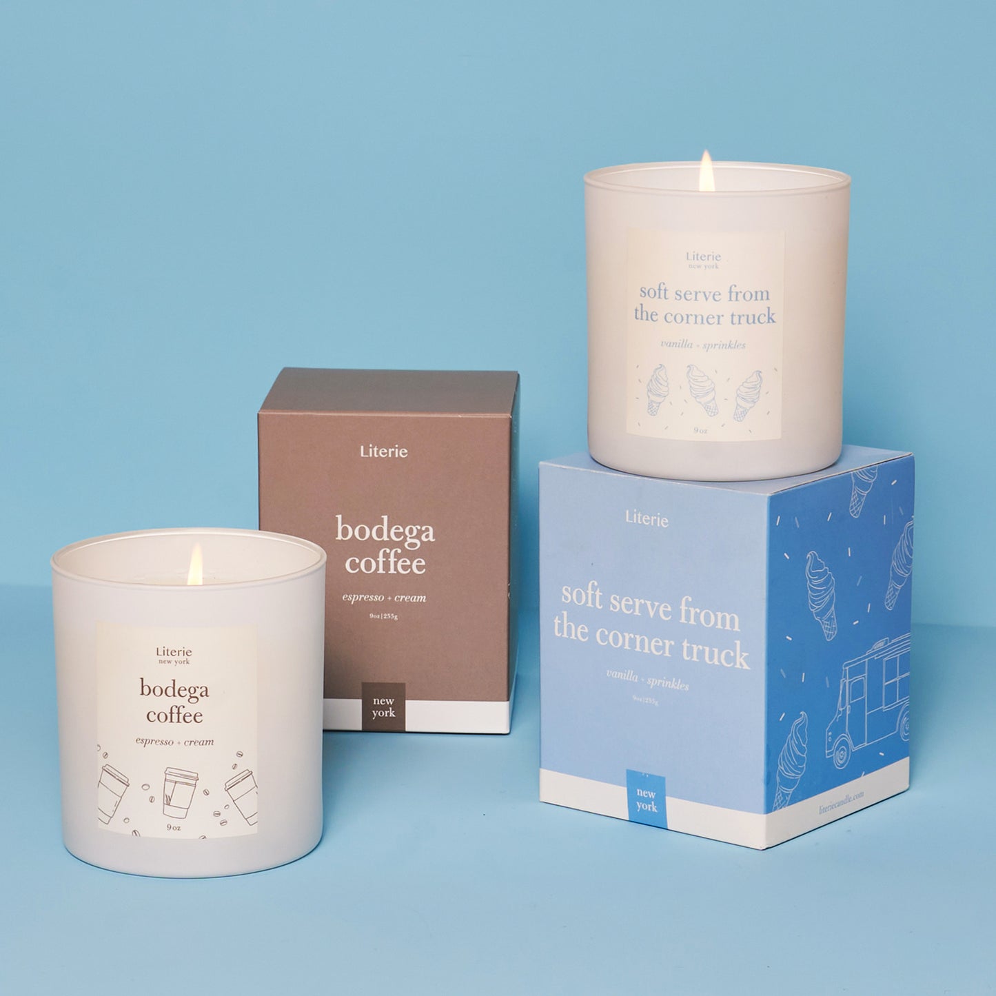 Vanilla latte candle duo featuring bodega coffee and soft serve candles.