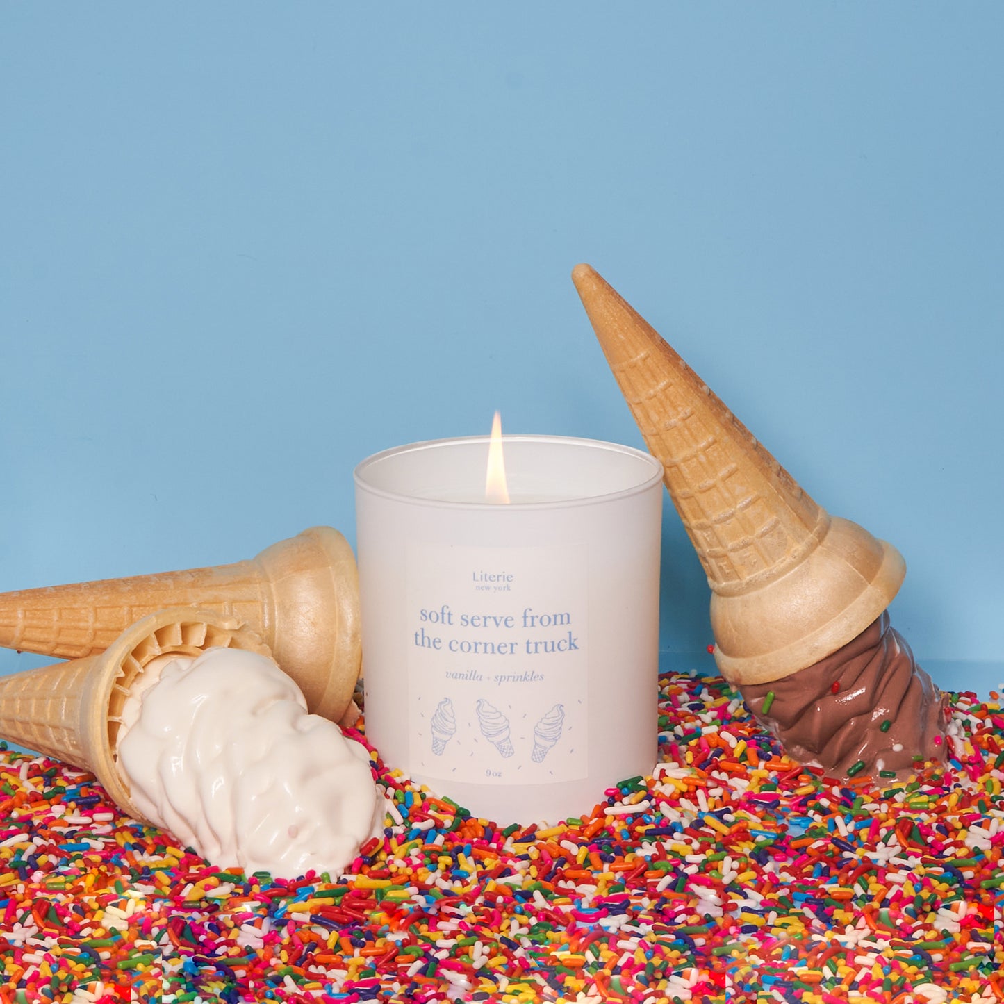 Soft serve from the corner truck candle with ice cream cones and sprinkles.