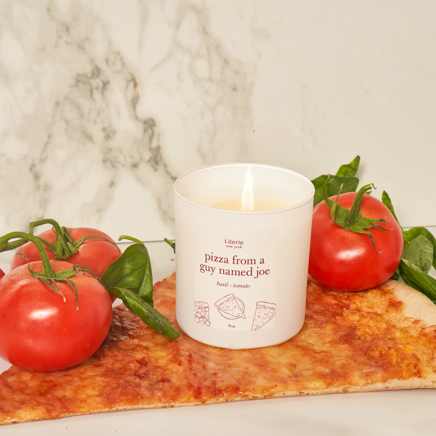 Pizza from a guy named joe candle on top of pizza.