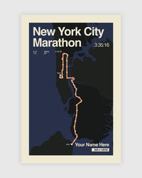 New York City Marathon poster with route outline on a dark blue background