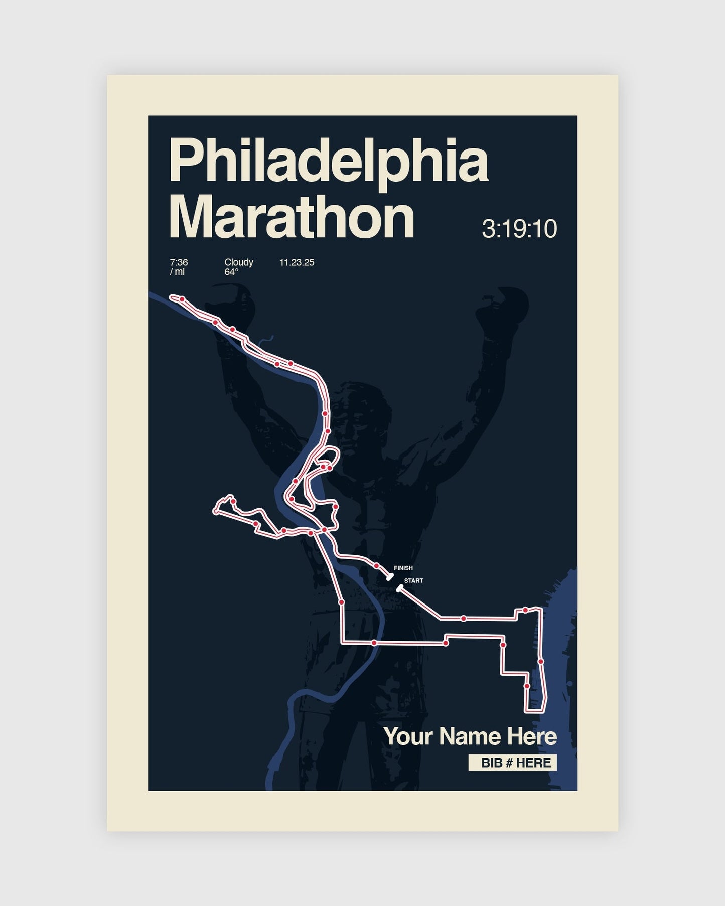 Philadelphia Marathon route map with silhouette of a runner on a dark blue background