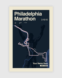 Philadelphia Marathon route map with silhouette of a runner on a dark blue background