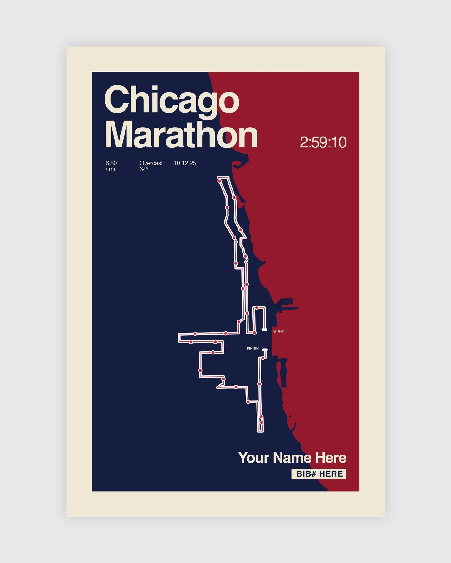 Poster of the Chicago Marathon route with a blue and red design.