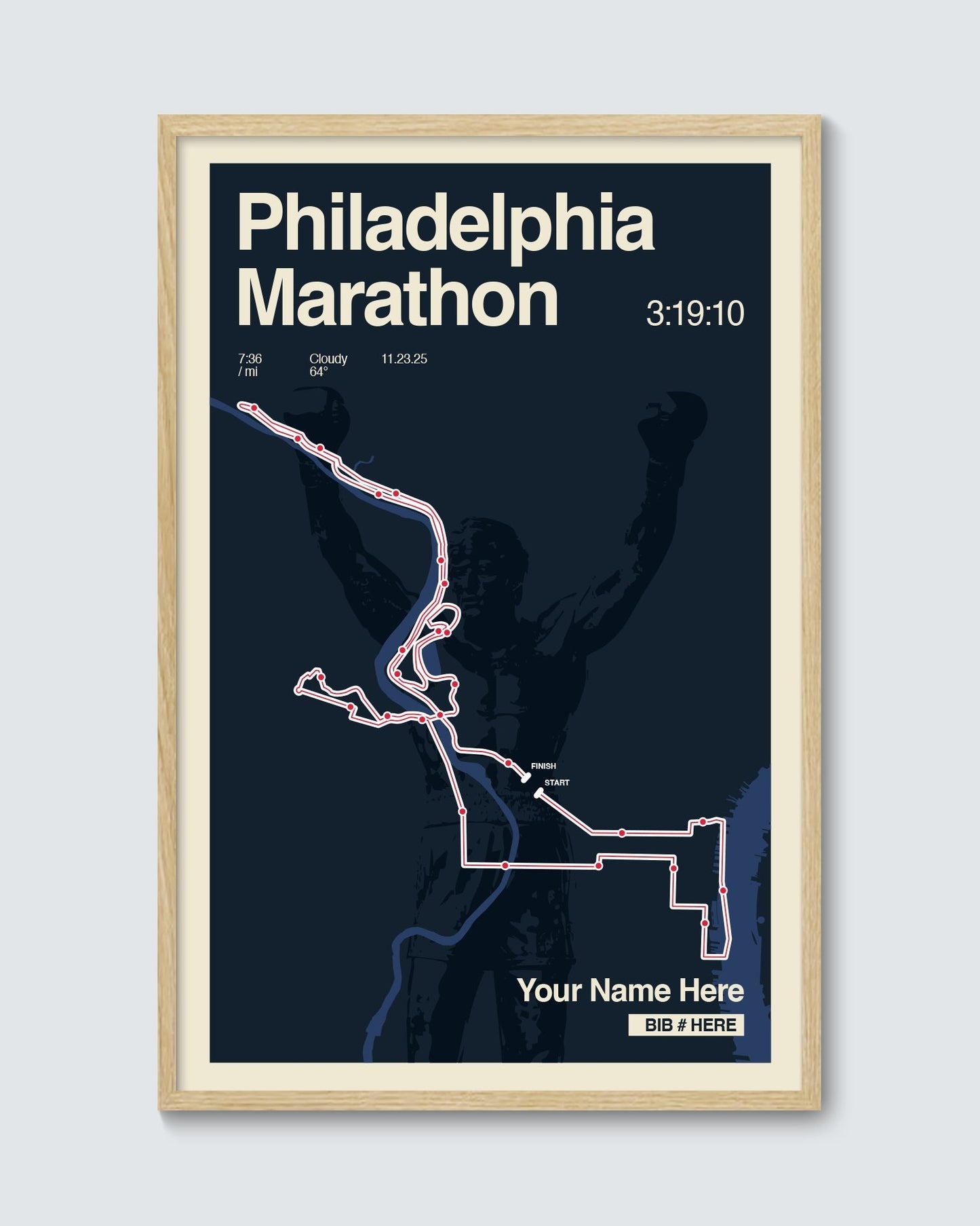 Framed poster of the Philadelphia Marathon route with a silhouette of a runner on a dark background.