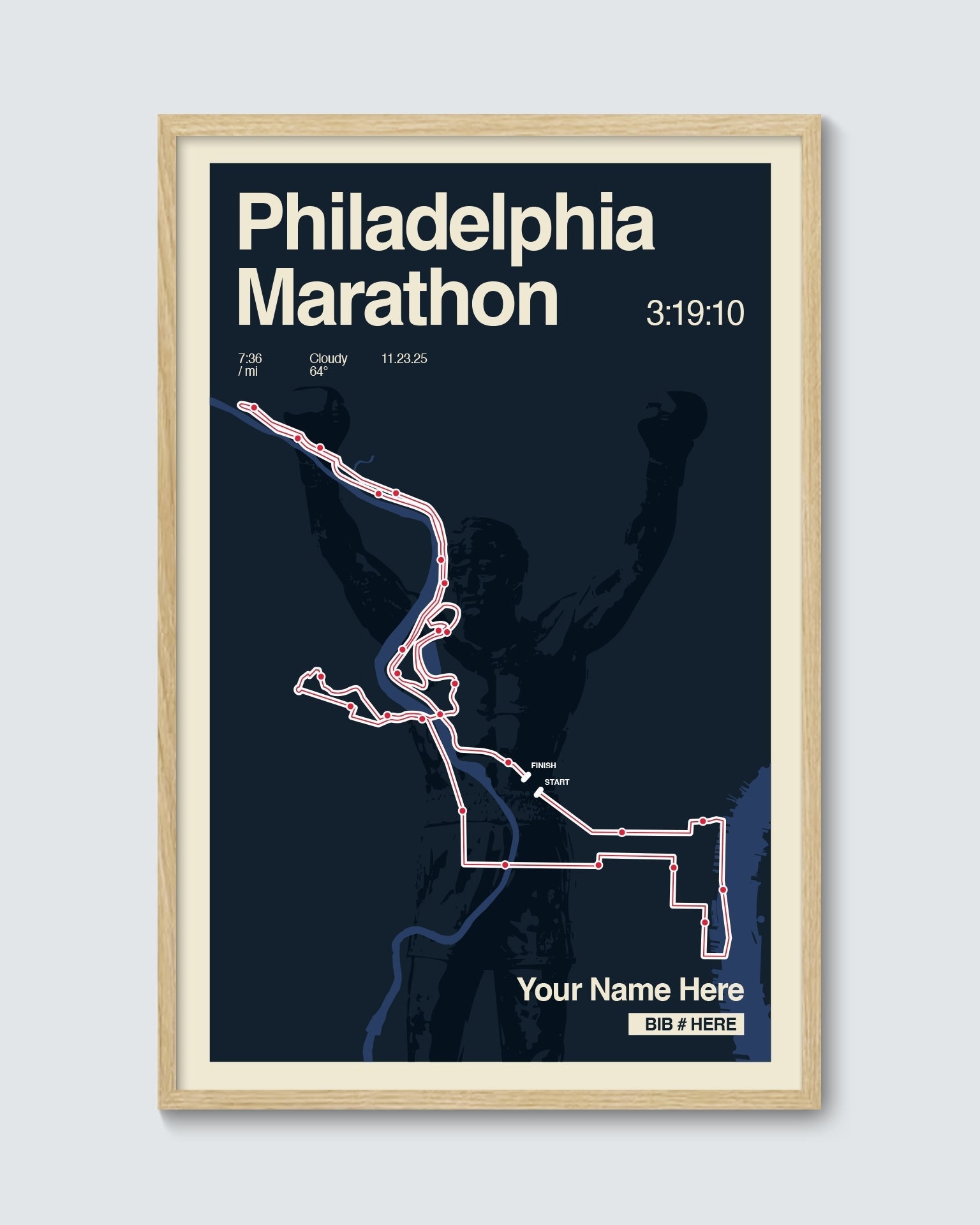 Framed poster of the Philadelphia Marathon route with a silhouette of a runner on a dark background.