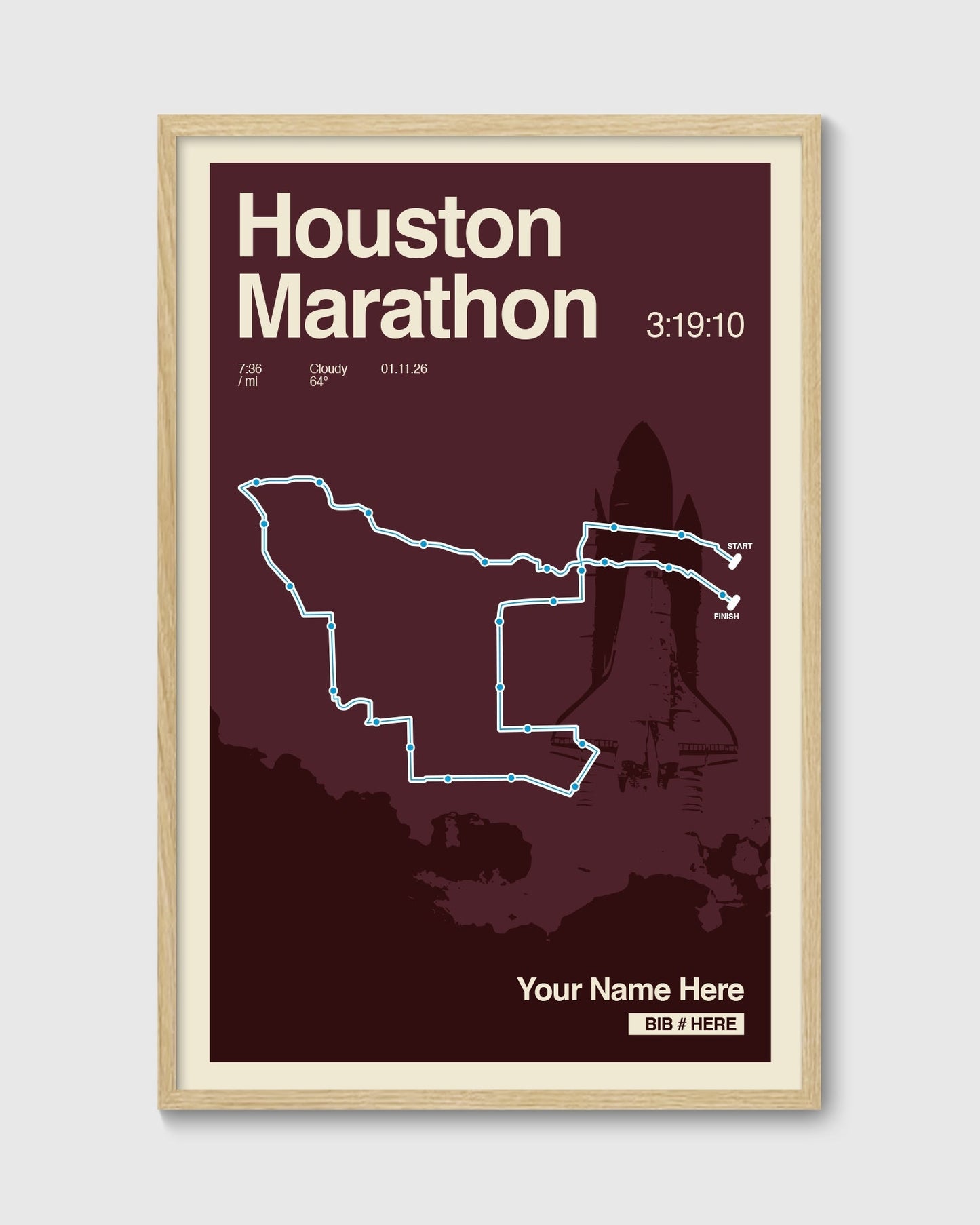 Framed poster of Houston Marathon route with a silhouette of a city on a dark red background.