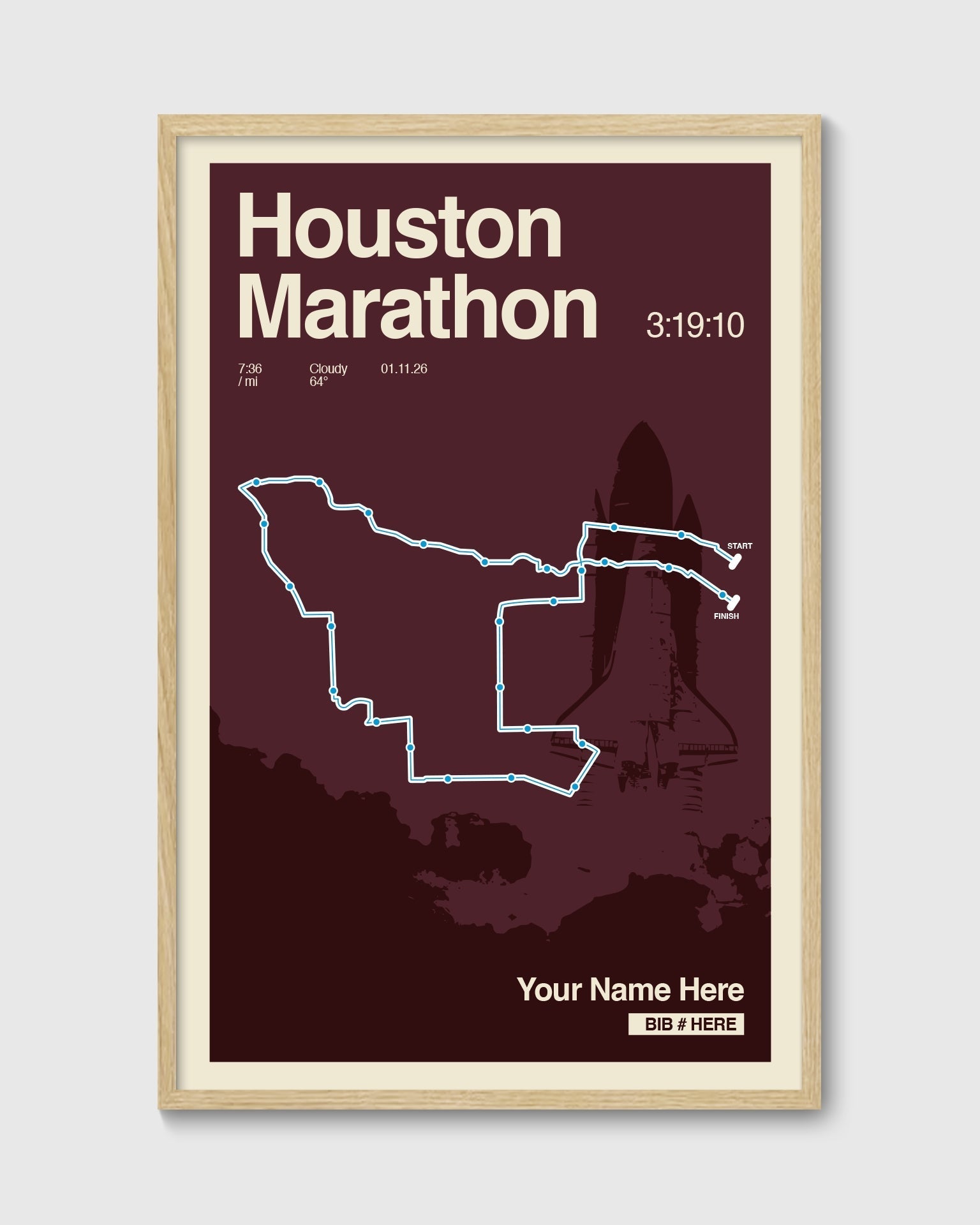 Framed poster of Houston Marathon route with a silhouette of a city on a dark red background.
