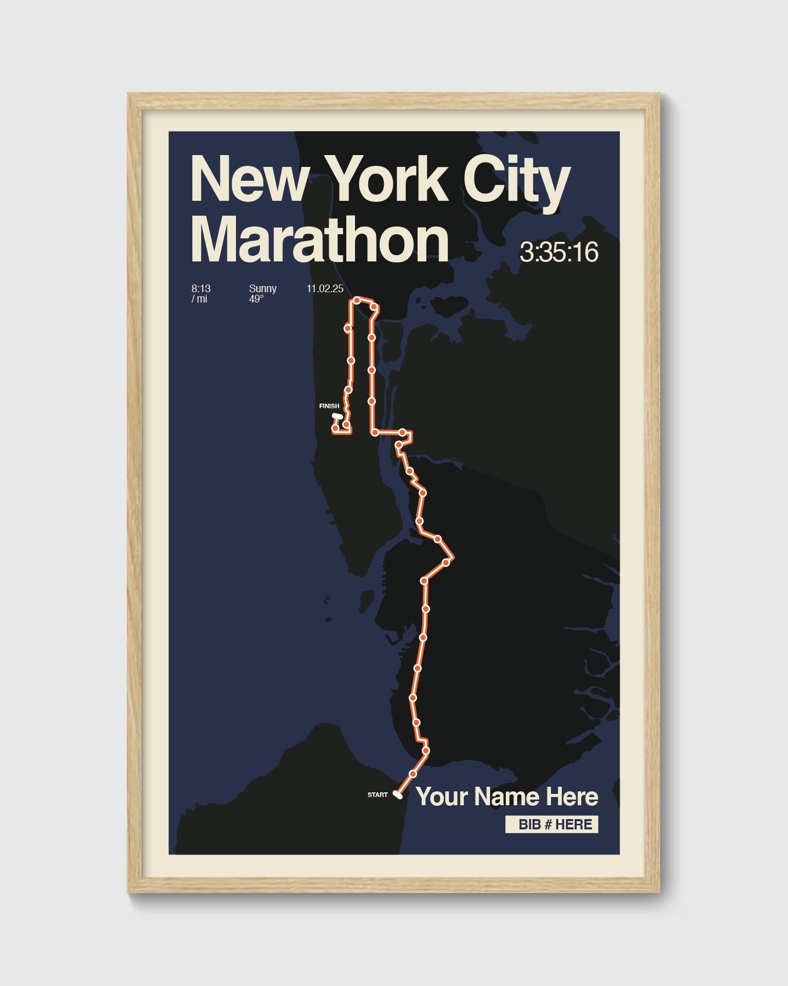 Framed poster of New York City Marathon route with a blue background