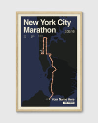 Framed poster of New York City Marathon route with a blue background