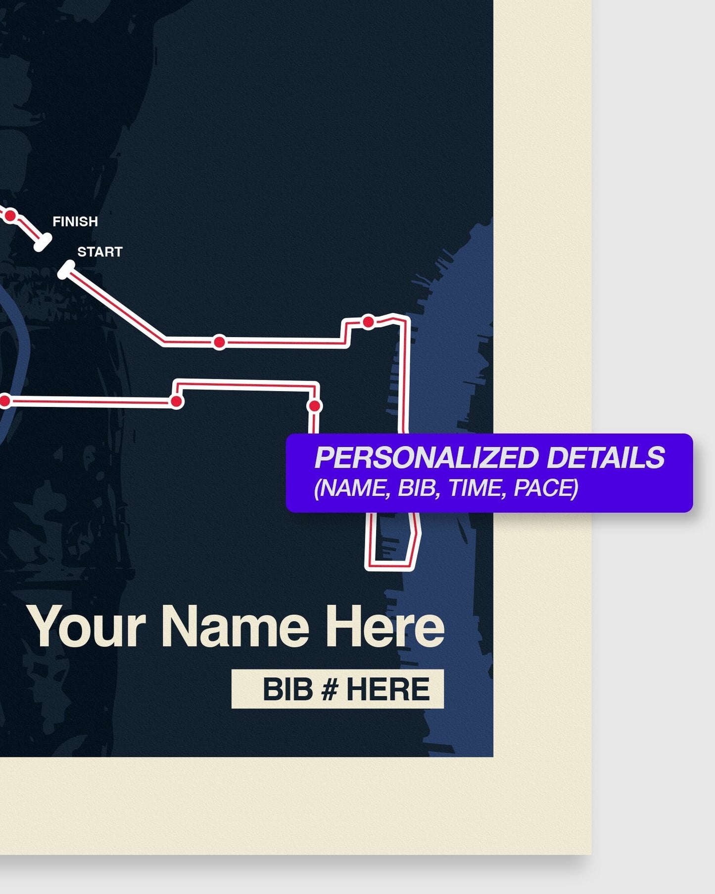 Route map for a race with personalized details on a dark blue background