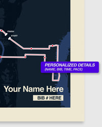 Route map for a race with personalized details on a dark blue background