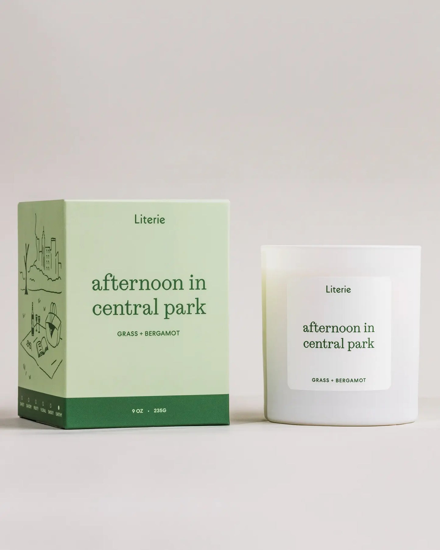 Literie 'afternoon in central park' candle and packaging on a light background