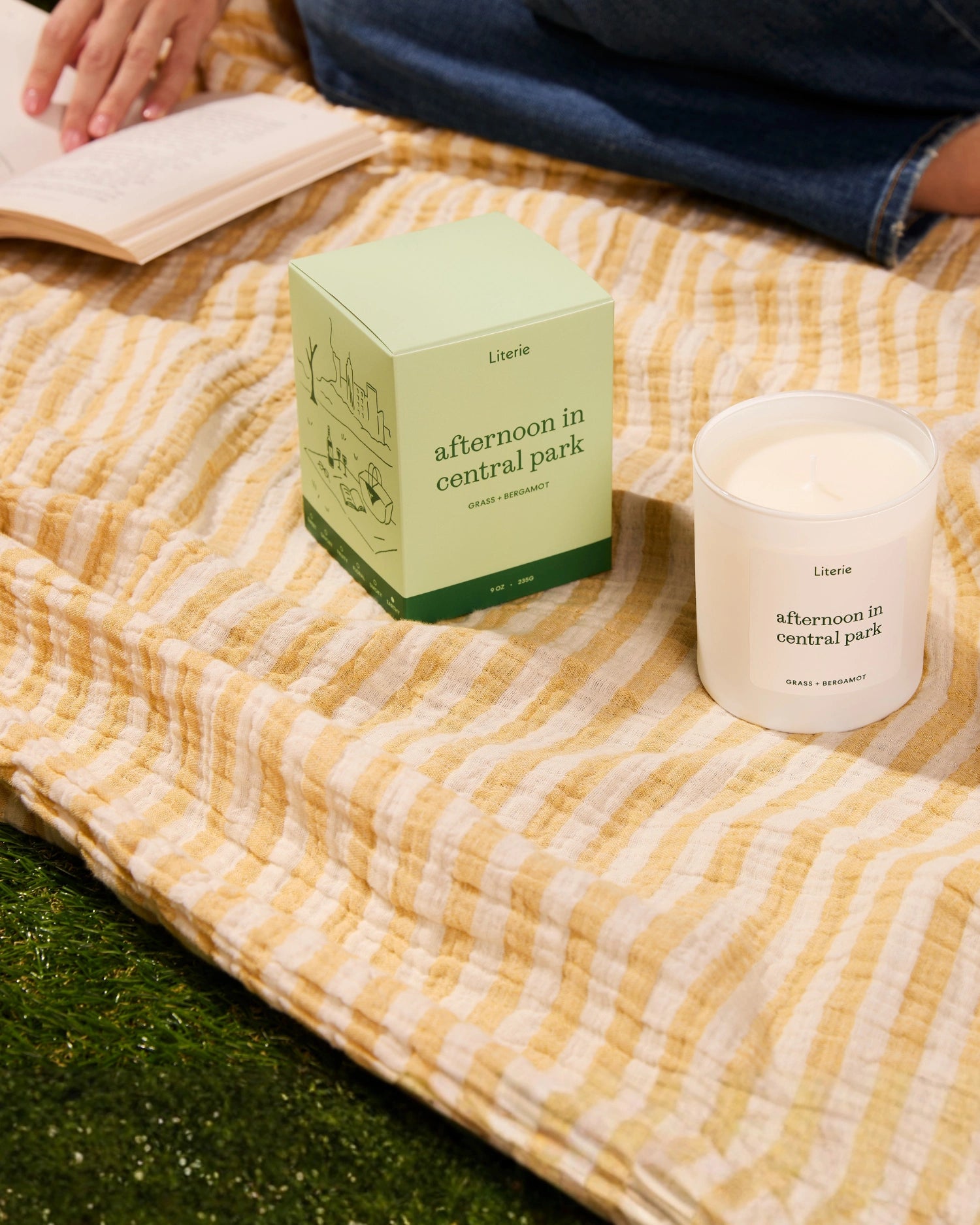 'afternoon in central park' candle and box on a picnic blanket with a person reading.