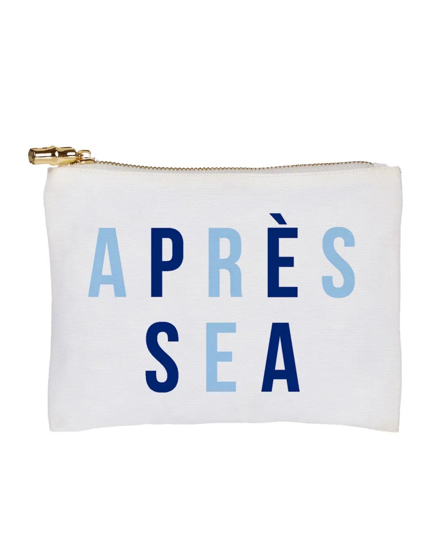 White pouch with 'APRÈS SEA' text in blue and navy on a white background