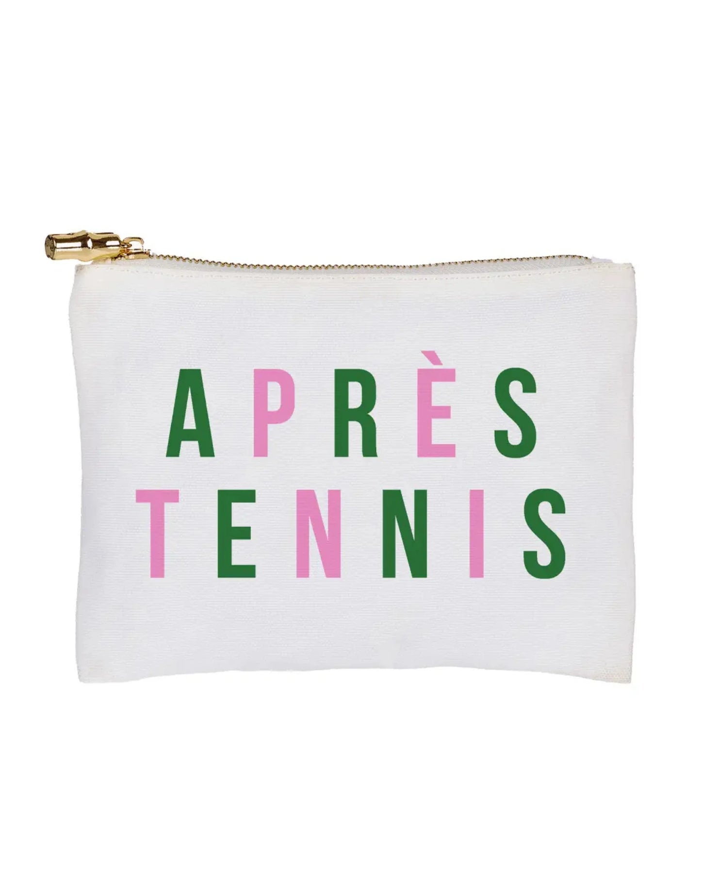 White pouch with 'APRÈS TENNIS' text in colorful letters on a white background