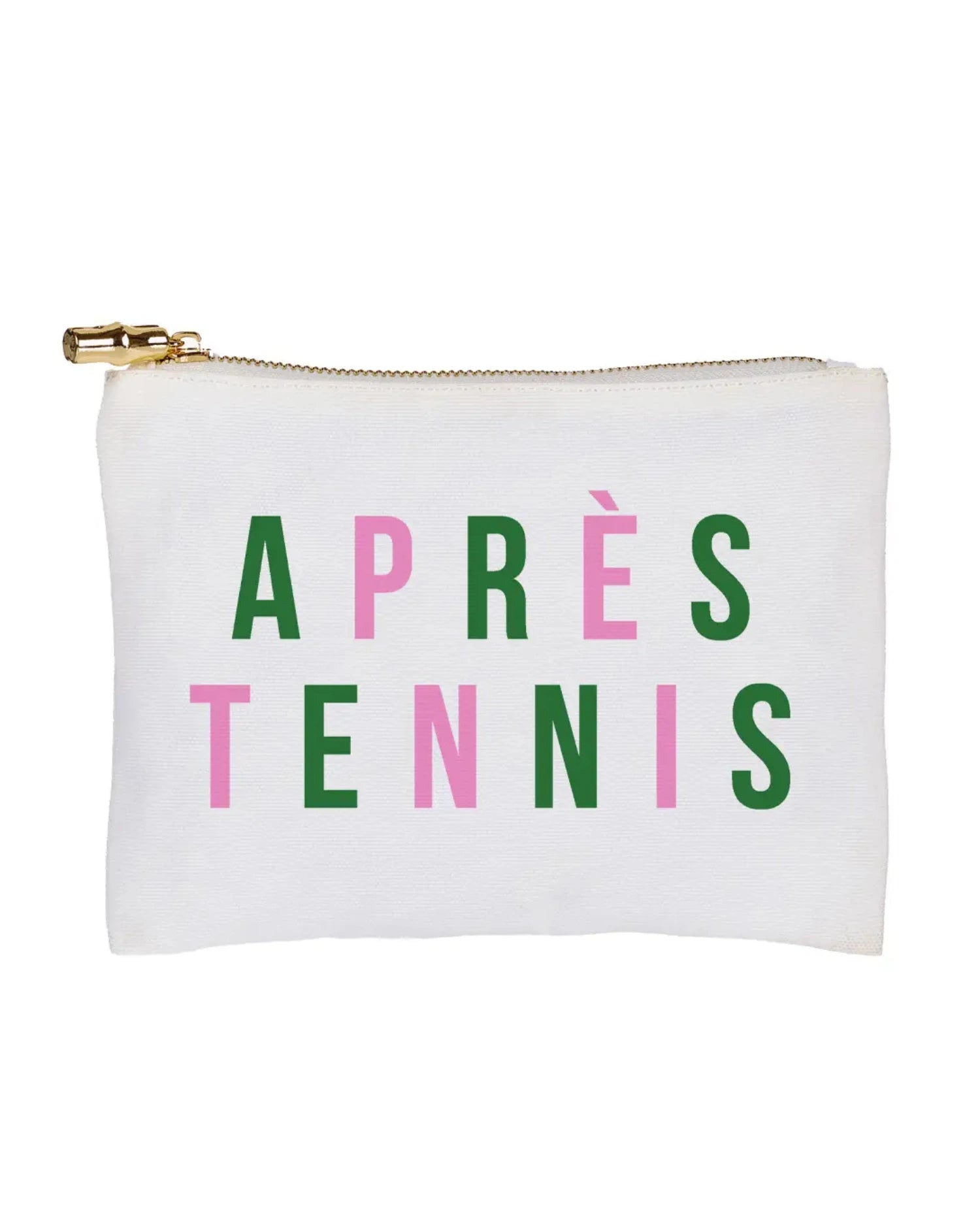 White pouch with 'APRÈS TENNIS' text in colorful letters on a white background