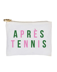 White pouch with 'APRÈS TENNIS' text in colorful letters on a white background