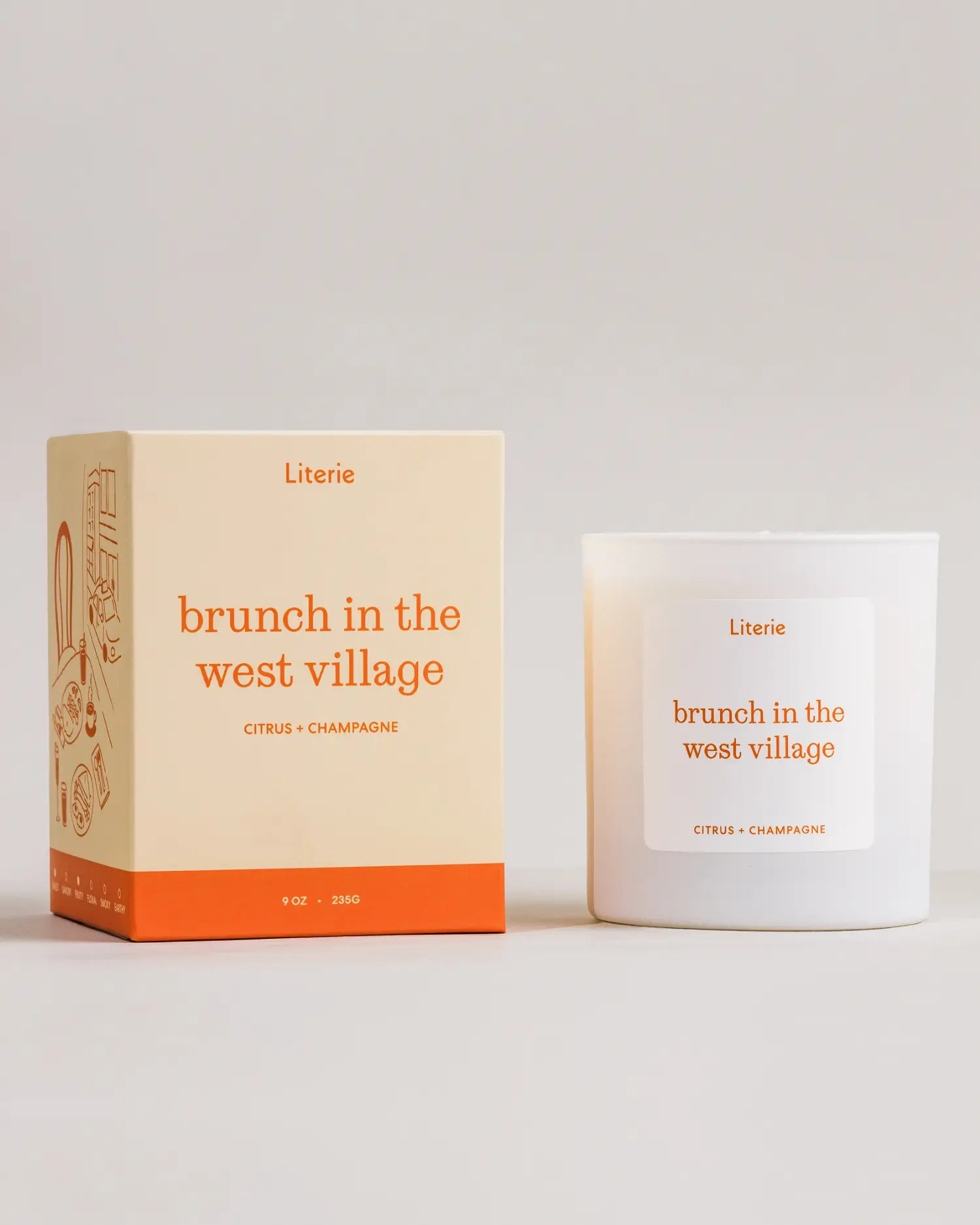 Literie 'brunch in the west village' candle and packaging on a light gray background