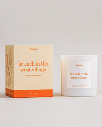 Literie 'brunch in the west village' candle and packaging on a light gray background