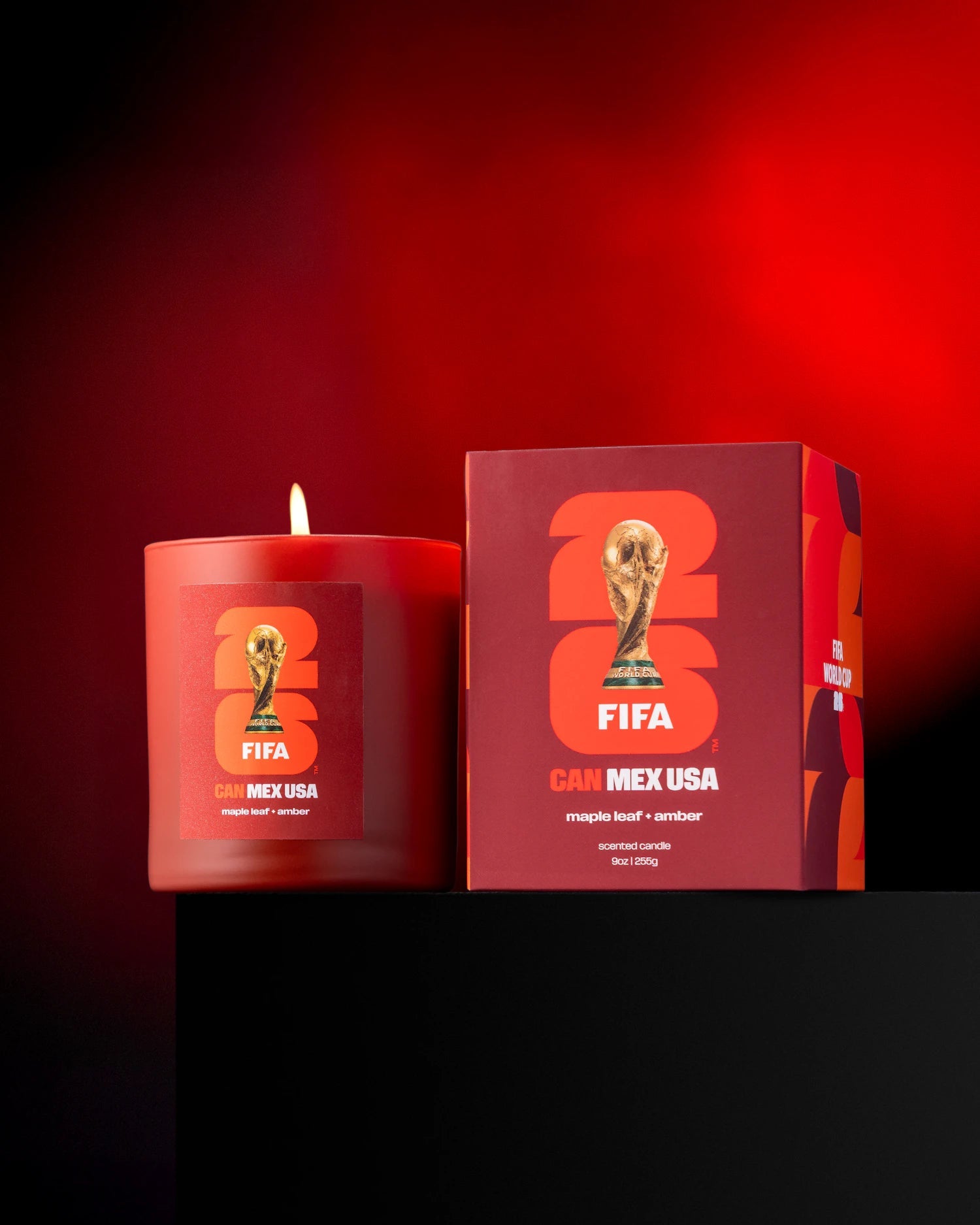 Literie Team Canada red candle and packaging with FIFA World Cup 2026 logo on a red background