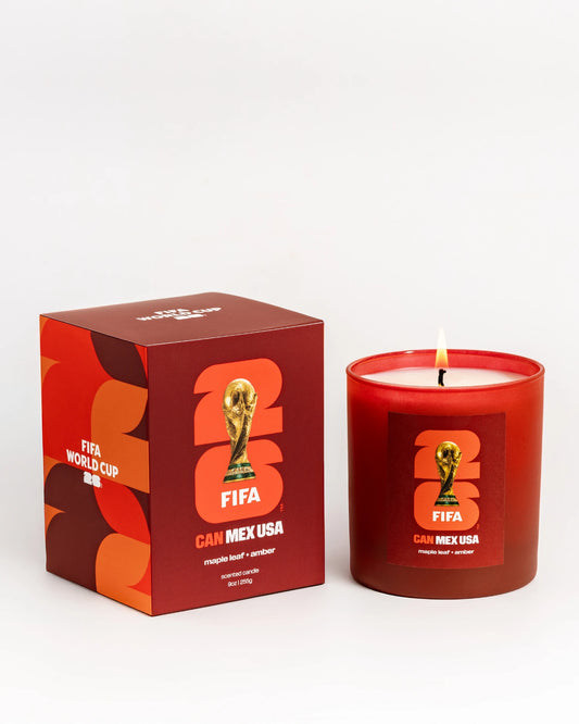 Red Literie candle and packaging with 2026 FIFA World Cup Team Canada branding on a white background