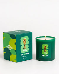 Green candle and packaging with Mexico 2026 FIFA World Cup and Literie branding on a white background